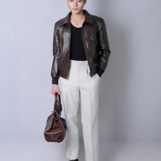 Mobster Bomber Leather Jacket 2 - Nâu