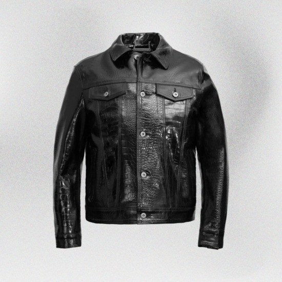 TRUCKER CROC-EMBOSSED LEATHER JACKET - Black